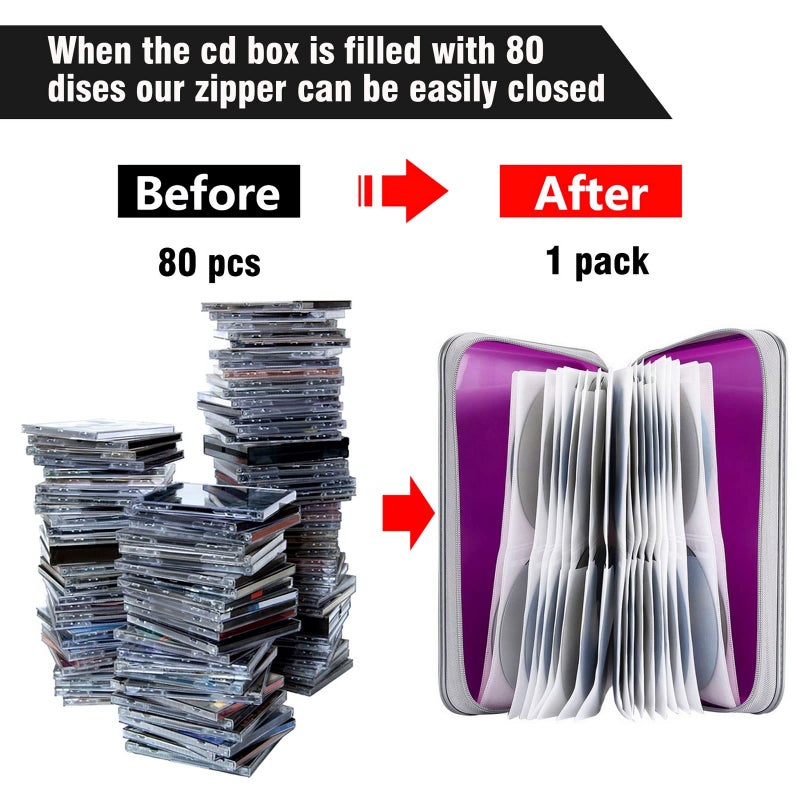 Siveit CD/DVD Case Holder, 80 Capacity Hard Plastic Disc Cases Storage Binder for Car, Home, Office, Travel (Purple) - Image 4